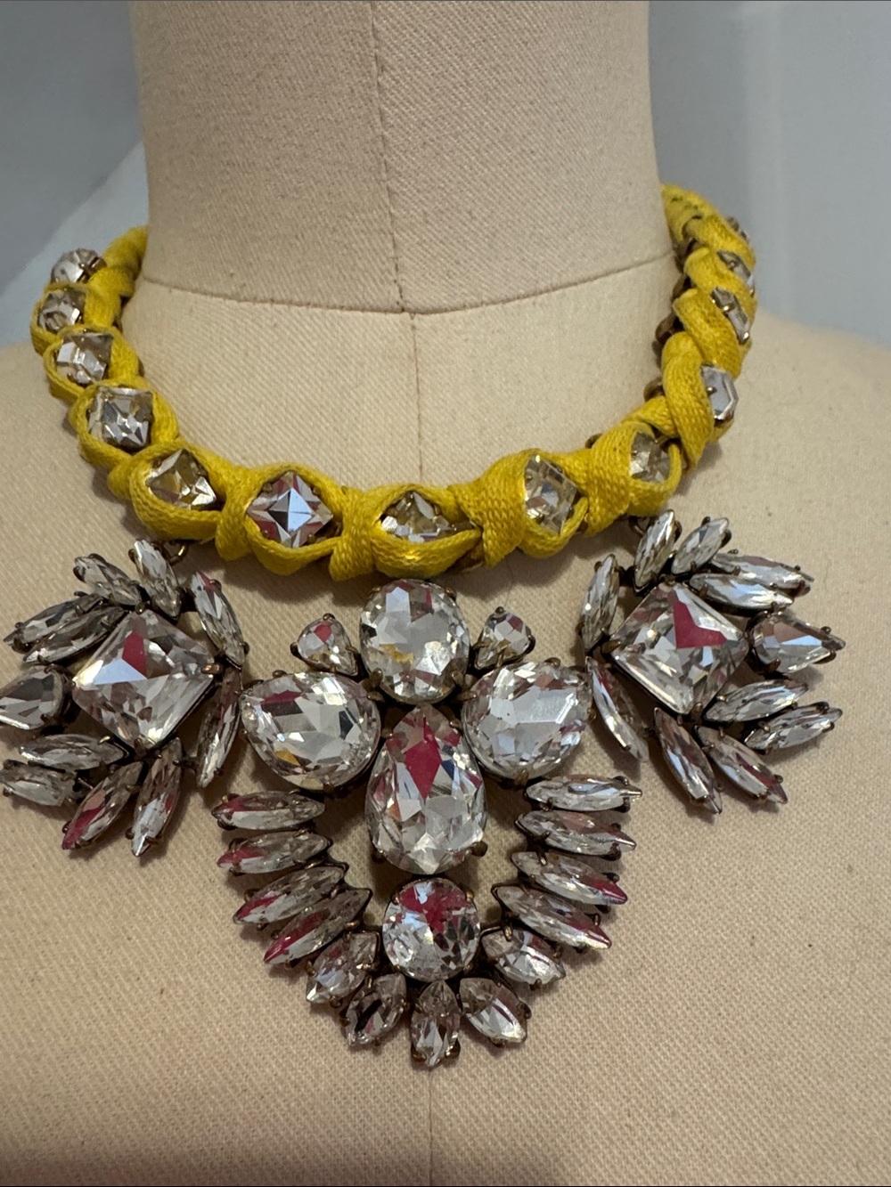 J. Crew Yellow Braided Rope Necklace with Clear Crystal Statement Pendant